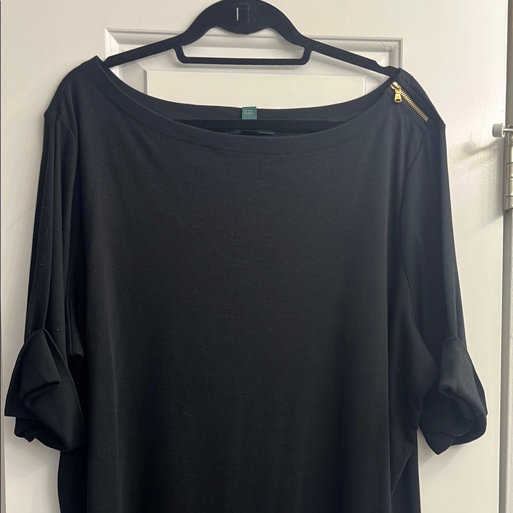 Lauren 3X Black Women's Top with Zipper Detail and Cuff Sleeves